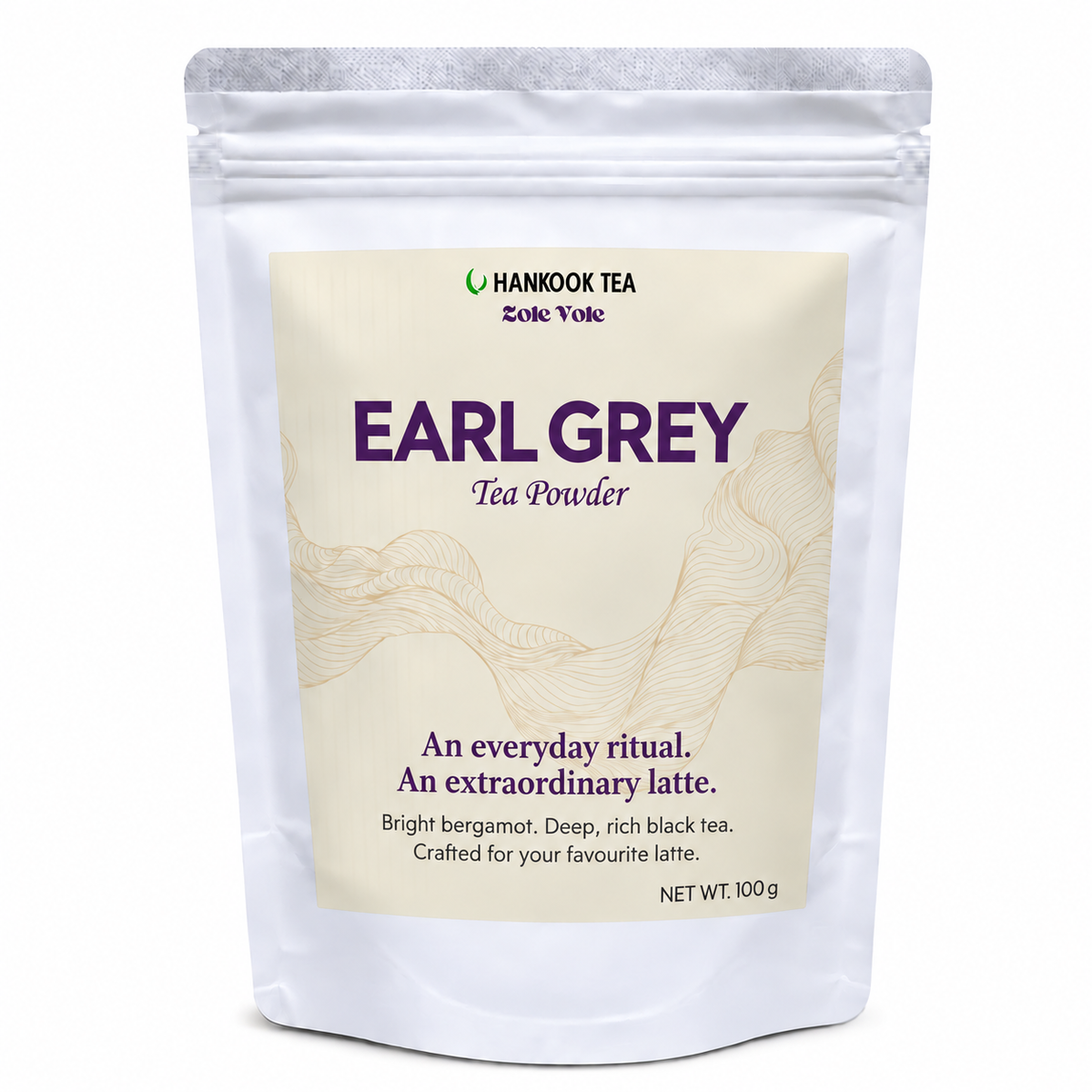 Zoie Voie Earl Grey Tea Powder 100 g in a white pouch with a cream label and purple lettering